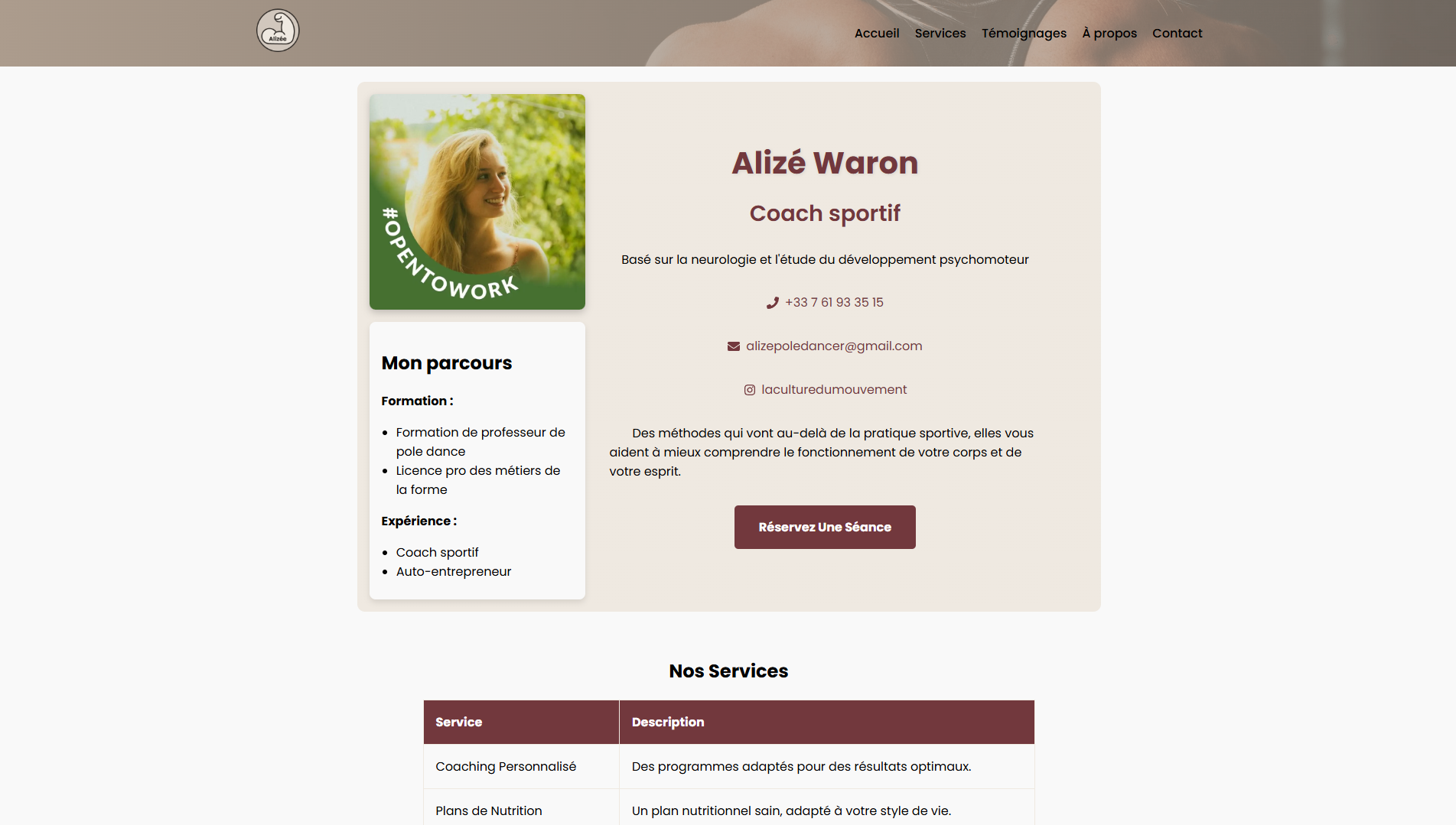 Capture d'écran du site de coaching sportif